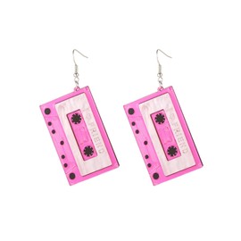 70s 80s Cassette Tape Earrings Retro Acrylic Tape Dangle Earrings Personality Punk Funny Tape Drop Earrings for Women Cosplay Party Jewelry-pink