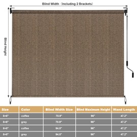 LIFERUN Outdoor Roller Sun Shade 8' W x 8' H, HDPE Shade Cloth for Patio Pergola, Aluminum Tube with Cordless Wand Crank Operation, Sun Shade for Outdoor Patio, Porch, and Garden(Coffee)