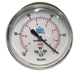 PRM Vacuum Gauge 0 to -100” WC / 0 to -7 inHg, 2.5 Inch Chrome Plated Steel Case, Brass Internals, 1/4 Inch NPT Back Mount, Dry Gauge for Air & Water Systems