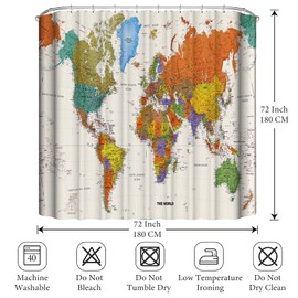 LIVETTY World Map Bathroom Shower Curtains Fabric Shower Curtain Waterproof Curtains for Bathroom Quick-Drying Kitchen Curtains Machine Washable with 12 Hooks-Multi-Color 180CM*180CM-World Map