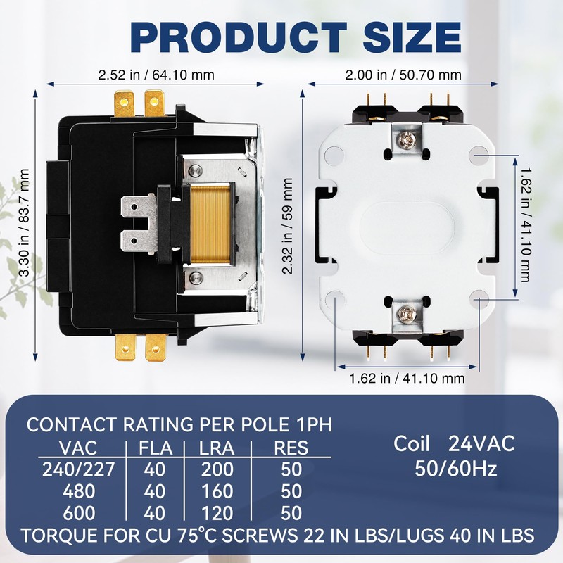 24V Coil 40A 2 Pole Air Conditioner Contactor, UL Certified
