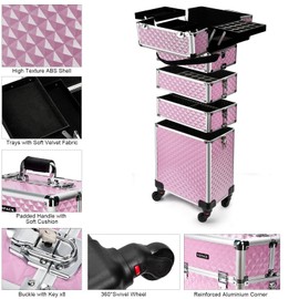 TOPACK Professional 5-In-1 Rolling Makeup Train Case, Large Makeup Travel Case with Key Shoulder Strap/Handle Cushion I Makeup Train Case Organizer I Cosmetology Case on Wheels I Pink