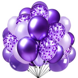 Firomi Metallic Purple Balloons Set 12-inch 70 Pack Chrome Purple and Premium Latex Lavender Lilac and Purple Confetti Balloons for Birthday Bridal Shower Wedding Party (with 2 Ribbons)