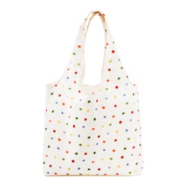 REDSINDA Canvas Tote Bag, Large Capacity Shoulder Bag with Inner Pockets, Foldable Shopping Bag (Colorful Dots)