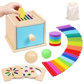 Montessori Toys for 1 2 3 Year Old, 4-in-1 Wooden Montessori Coin Box, Object Permanence Ball Drop Learning Color Sorting Toys for Toddlers 1-3, Gifts for 18 Months Baby Boys Girls