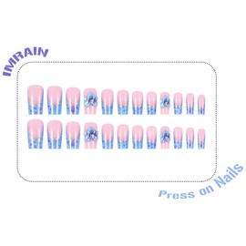 IMRAIN Press on Nails Medium Square Fake Nails Blue French Tips False Nails with 3D Flower Designs Summer Acrylic Squoval Nails Press on Full Cover Gel Handmade Stick on Nails for Women