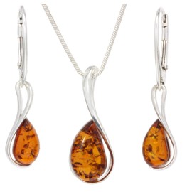 LIGURIUS NATURAL BALTIC AMBER STERLING SILVER 925 NECKLACE & EARRINGS Set Cognac Gemstone For Women & Silver Adjustable CHAIN Snake 45cm - 50 cm, Gift set
