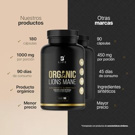 Hongo Melena de León | 100% Orgánico 1000 mg por porción. Adaptógeno Natural. 180 Cápsulas. Organic Lions Mane B Life.
