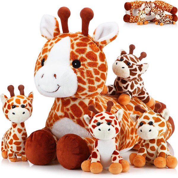 Honoson 5 Pcs Giraffe Stuffed Animals Set 18'' Large Mommy Giraffe Plush with 4 Cute Baby Giraffes Zippered Tummy Soft Cuddly Giraffe Gifts for Boys Girls Birthday Favors Forest Party Decor