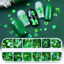 12 Grids Shamrock Nail Glitter Sequins St. Patrick's Day Nail Glitter Green Clover Nail Flake DIY Nail Art Decoration Charms Shamrock Nail Flakes Design for Women Makeup Acrylic Nail DIY Manicure Tip
