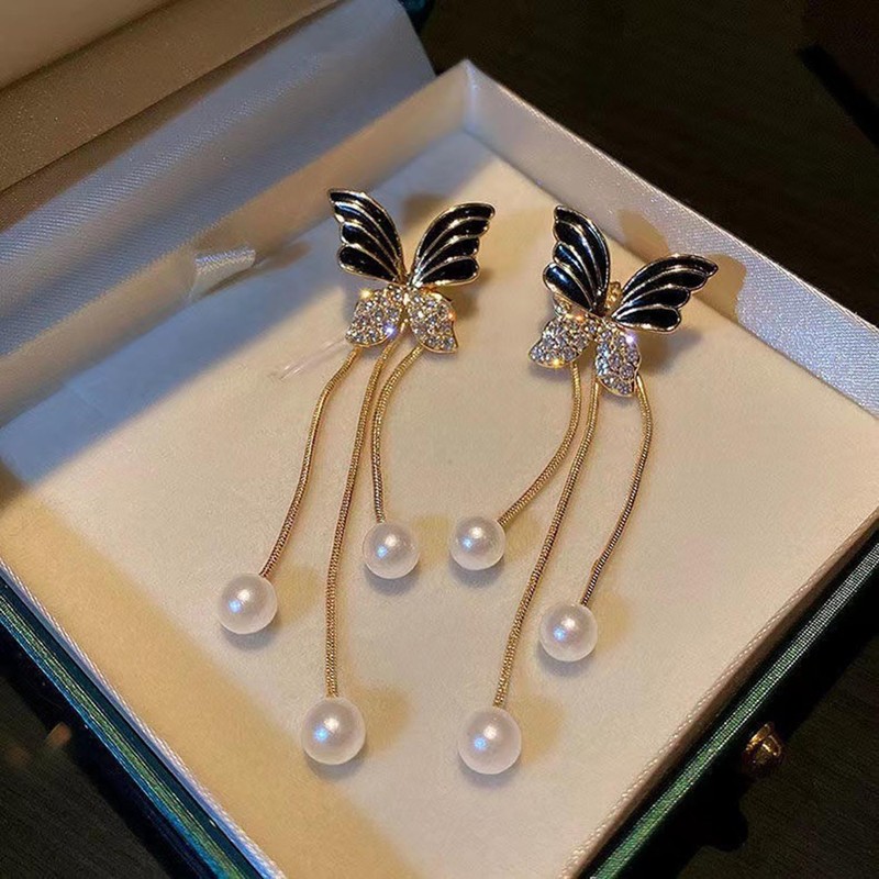 Wendalern Long Pearl Butterfly Drop Earrings Crystal Zircon Black Butterfly