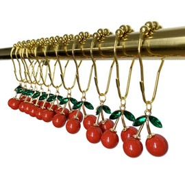 Kinwot Cherry Shower Curtain Hooks Rings for Bathroom Shower Curtain & Liners, Rust Proof Stainless Steel Decorative Curtain Ring with Resin Red Fruit Themed Cherry Bathroom Decor, Set of 12 (Gold)