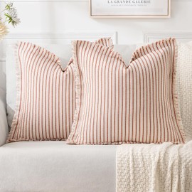 MIULEE Pack of 2 Rust Fall Pillow Covers 18x18 Inch Striped Farmhouse Couch Throw Pillow Covers with Fringe Chic Linen Decorative Cushion Covers for Sofa Living Room Bed Home Decor