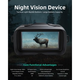 Night Vision Goggles - 4K Night Vision Binoculars with 3'' Screen, 850nm IR & Tactical Flashlight, 8X Digital Zoom, 5000mAh Rechargeable Battery, 32GB TF Card, for Hunting Camping Security (Black)