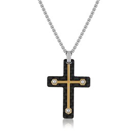 Metro Jewelry Carbon Fiber Cross Pendant Necklace for Men in Stainless Steel with Gold Ion Plating on a 24 Inches Long Box Chain