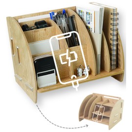 clipfritz Desk Organiser with Telephone Stand, Approx. (W x D) 25 x 19.5 x 16 cm, Office Table Organiser, Wood, Caddy Organiser, Letter Holder, Desk Gadgets, Office Organiser