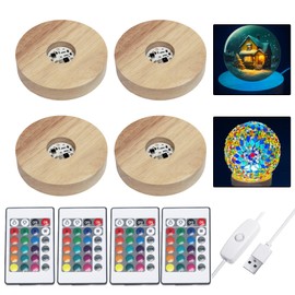 nuuubik 4 Pieces LED Light Stand Bases Colorful Lights Display Base with Remote Control, 16 Colored Round Wooden Lighted Bases USB Table Lamp Centerpieces for Crystal Glass Resin Art,3.94 Inch