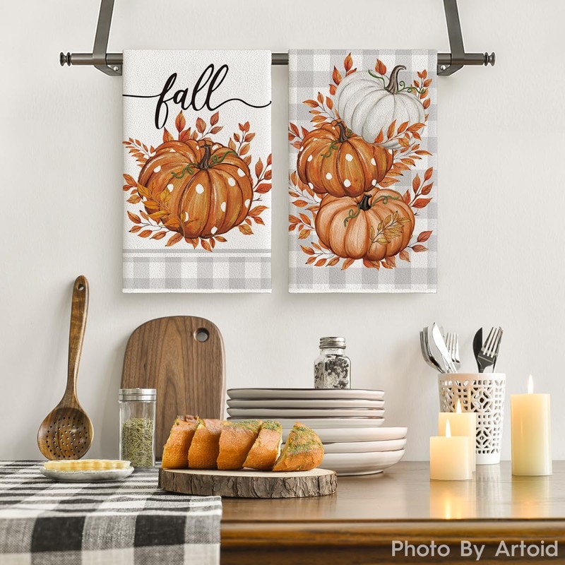 Artoid Mode Buffalo Plaid Pumpkins Autumn Dish Towels 42x65 cm
