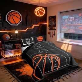 Castle Fairy Basketball Court Print Comforter Set for Kids Boys,Ball Sports Games Themed All Season Cozy Bedding Set Twin Size,Orange Basketball and Hoop Quilt Set Home Decor,Children Birthday Gift