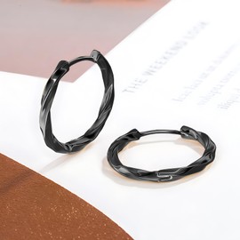 Hinvan 5 Pairs Stainless Steel Huggie Hinged Twisted Hoop Earrings for Women Men Girls Boys, Men Earrings Hoops, Women Earrings Hoops, Small Hoop Earrings Set Helix Cartilage Piercing 8-16MM (Black)