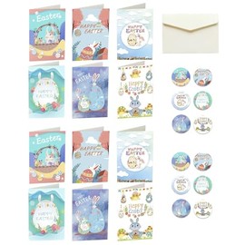 12 Pack Small Size Happy Easter Greeting Cards with Envelopes & Stickers, 3" x 4" Size, Easter Rabbit Egg Holiday Style Greetings Cards, Pack of 12, 2X6 White Easters