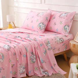 CIMVI Twin Sheets Set Kids Girls Unicorn Bed Sheets 15-Inch Deep Pocket Fitted Sheet Pink Bedding Sets 3 Piece Soft Microfiber Bed Set with Pillowcase Fade Resistant Children Room Decor