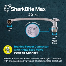SharkBite Max 20 In. Stainless Steel Braided Faucet Connector with Angle Stop Valve, 1/2 Inch PTC x 1/2 Inch FIP, PEX Pipe, Copper, CPVC, PE-RT, HDPE, UR24657