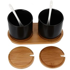 Yhuasia Sugar Bowl with Lid, Salt Jar, Sugar Bowl Black, Sugar Bowl with Spoon, Spice Jars with Spoon, Ceramic Jar with Attached Spoon and Lid Made of Bamboo (Two Black)