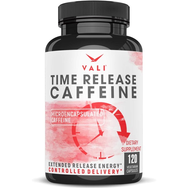 Time Release 100mg Caffeine Pills - 120 Veggie Capsules Microencapsulated for Extended Energy. No Crash Controlled Delivery Brain Booster Supplement for Sustained Mental Performance, Focus & Clarity