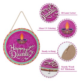 CHDITB Happy Diwali Decoration 3D Front Door Sign(11.4”x11.4”), Indian Festival of Lights Wall Hanging with Rangoli Diyas, Deepavali Themed Door Hanger for Front Door Porch Home Office Party