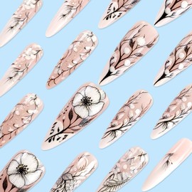 RIICFDD Press on Nails for Women - Medium Length Fake Nails with Spring Flower Designs 24 Pcs Reusable False Nails for Daily Wear or Special Occasions