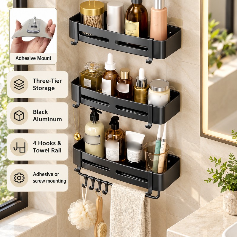 Aluminum Shower Caddy for Bathroom Storage – No-Drill Wall-Mounted Organizer