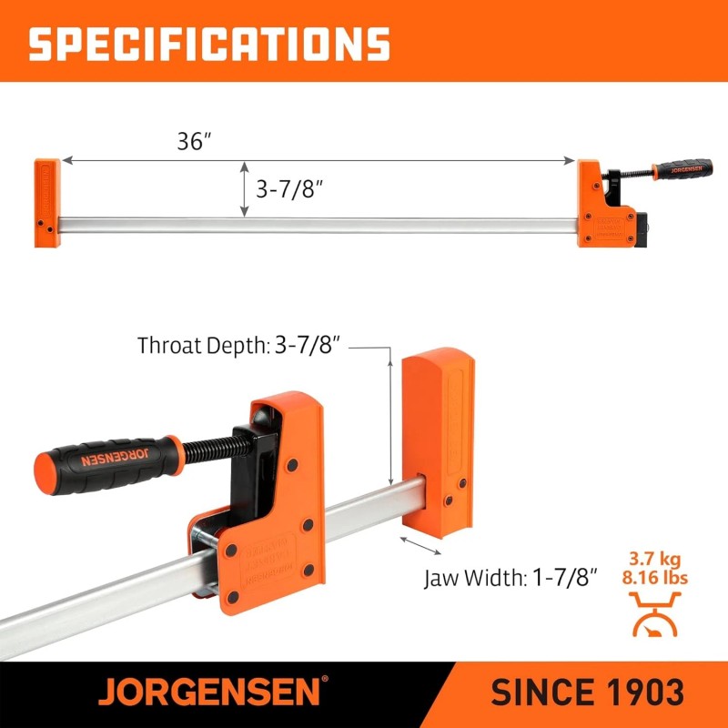 JORGENSEN 2pack 36-inch Bar Clamps, 90°Cabinet Master Parallel Jaw Bar