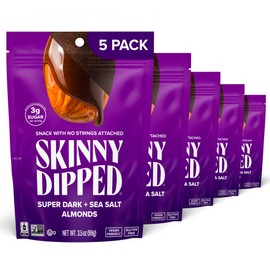 SkinnyDipped Super Dark Chocolate + Sea Salt Almonds, Vegan, Healthy Snack, Plant Protein, Gluten Free, 3.5 oz Resealable Bags, Pack of 5