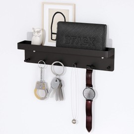 MKO Decorative Wall Mounted Mail Organizer and Key Holder with Tray - 6 Stainless Steel Key Hooks for Hallway Kitchen Farmhouse Decor (Black)