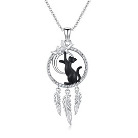 Cuoka Dream Catcher Necklace 925 Sterling Silver Cat Dreamcatcher Pendant Necklaces, Feather Dream Catcher Cat Necklace Jewelry for Women