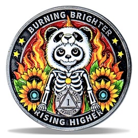 1 Year Panda Skull Sunflower Sobriety Coin – Burning Brighter NA Medallion – Spiritual Token for Recovery & Clean Time – NA AA Chips – Gift for Men & Women