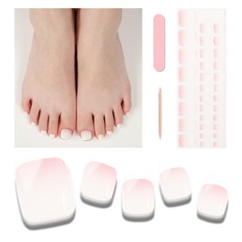 Wekcekcek Semi Cured Gel Toenail Strips, 32 Cream Pink Gel Toenail Stickers - Works with Any Nail Lamps Gel Pedicure Strips Full Nail Wraps with Nail File & Wood Stick
