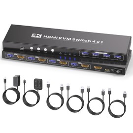 4K@60Hz HDMI KVM Switch 1 Monitors 4 Computers, USB 3.0 4 Port HDMI KVM Switch for 4 Computers Share 1 Set of Keyboard, Mouse, Monitor and 4 USB 3.0 Ports