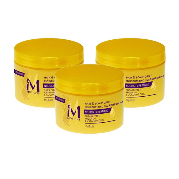 Motions Hair & Scalp Daily Moisturizing Hairdressing, Nourish & Restore, With Shea Butter, Argan Oil & Coconut Oil, 6 Ounce (3 Pack)