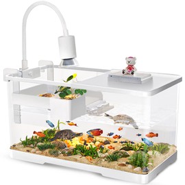 (Tank + Light + Filter + Filter Balls) Turtle Tank Kit, Turtle Tank Starter Kit,Bottom Drainage, Multi-Function Areas for Turtles, Crabs,Fishes, Amphibians,Reptiles. (15.75 x 8.64 x 8.64 Inch)