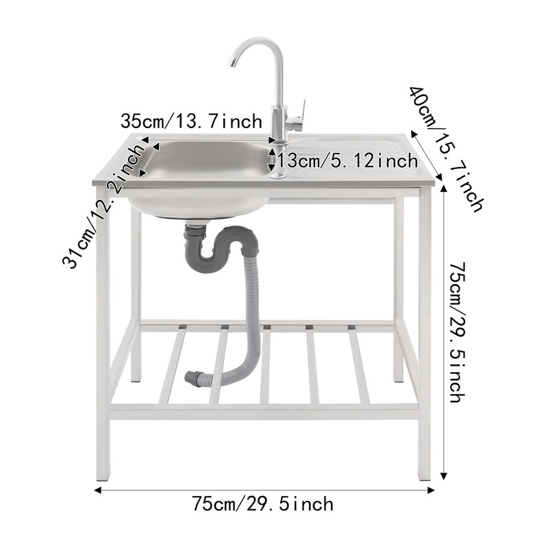 Stainless Steel Outdoor Sink with Hose Hook Up, Freestanding Single