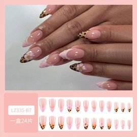 24 Pcs Medium Almond Press on Nails Nude Fake Nails Pink Flower False Nails with 3D Water Ripple Design Full Cover Artificial Acrylic Nails Press ons Reusable Almond Nail for Women