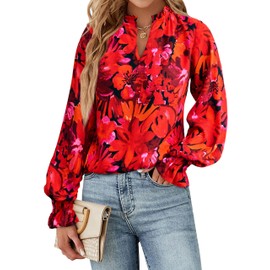 MASCOMODA Womens V Neck Floral Long Sleeve Tops 2025 Summer Casual Loose Puff Sleeve Chiffon Boho Work Blouse Dressy T Shirts(Red Flower,Large)