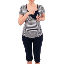 Herzmutter Short Nursing-Maternity Pajamas for Pregnancy- Lactation with Lace or Stripes, Lightweight-Soft Viscose-Jersey, Blue Gray Rosé (2600) (M, White/Blue)