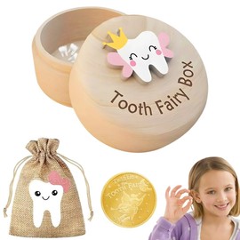 FeiFanChoice Tooth Fairy Box, 3Pcs Set Tooth Boxes with Tooth Fairy Bag and Gold Foil Reward Coin for Girl, Beautiful Carved Wooden Tooth Keepsake for Storing Baby's Dropped Birthday Gifts