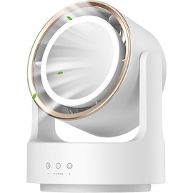 Desk Fan,Personal Desktop Fan with LED Light Makeup Mirror, Battery Operated Rechargeable Portable Fan with 5 Speeds,Small Bladeless Fans for Home, Circulator Table Fan for Women Girls (White)