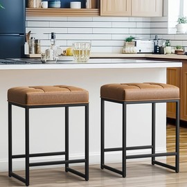 Yaheetech Bar Stools Set of 2, 24 Inch Counter Height Bar Stools Set, Backless Kitchen Island Stools, Faux Leather Stools for Kitchen Island, Brown