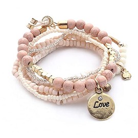 Caiyao Boho Stackable Bead Bracelets Bohemian Multilayer Stretch Bracelets Multicolor Love Pendant Bangles Bracelet Stretch Bangles Multilayer Stacking Bracelet Fashion Jewelry-Pink