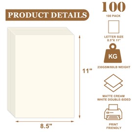 100 Sheets Cream Cardstock 8.5 x 11 Ivory Paper, Off White Card Stock Printer Paper for Cards Making, Office Printing, Paper Crafting